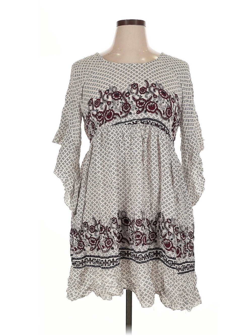 Avenue White and Burgundy Floral Tiered Long Sleeve Dress